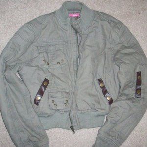 Canvas Cropped Bomber Jacket Juniors M Street-Chic Snug Fit Elbow Patches